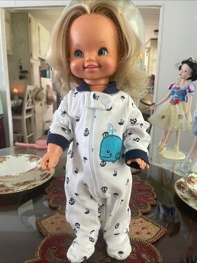 Mattel White & Navy Nautical Whale Footie One-Piece